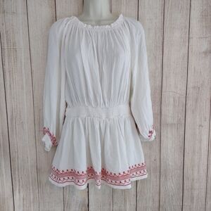 Olivaceous Boho mini babydoll dress / tunic top white orange medi…